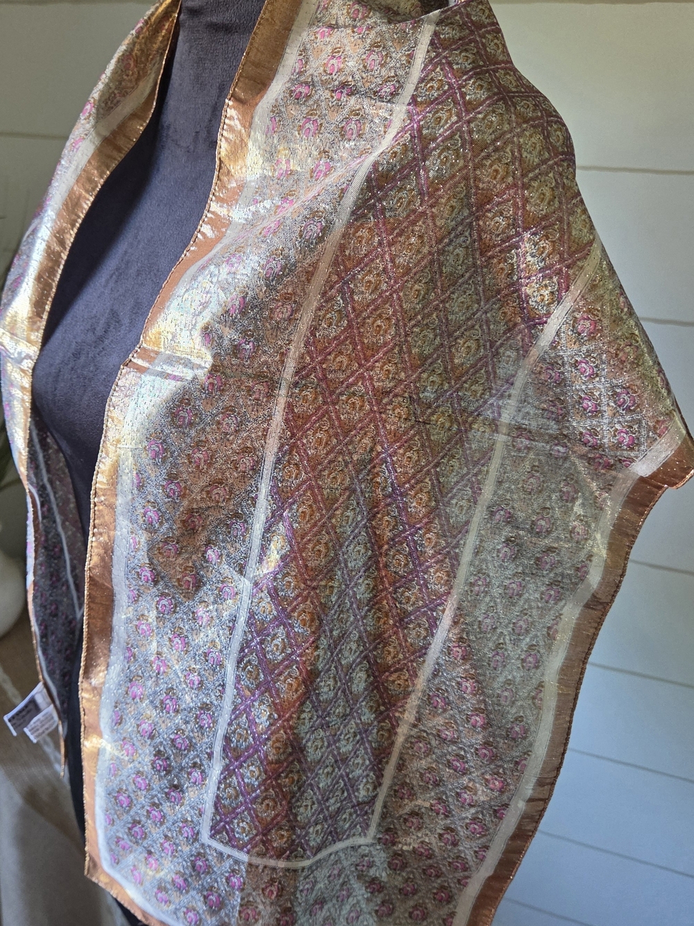 Oscar de la Renta Euro Vintage Italian Metallic Scarf Gold Pink Luxury Runway